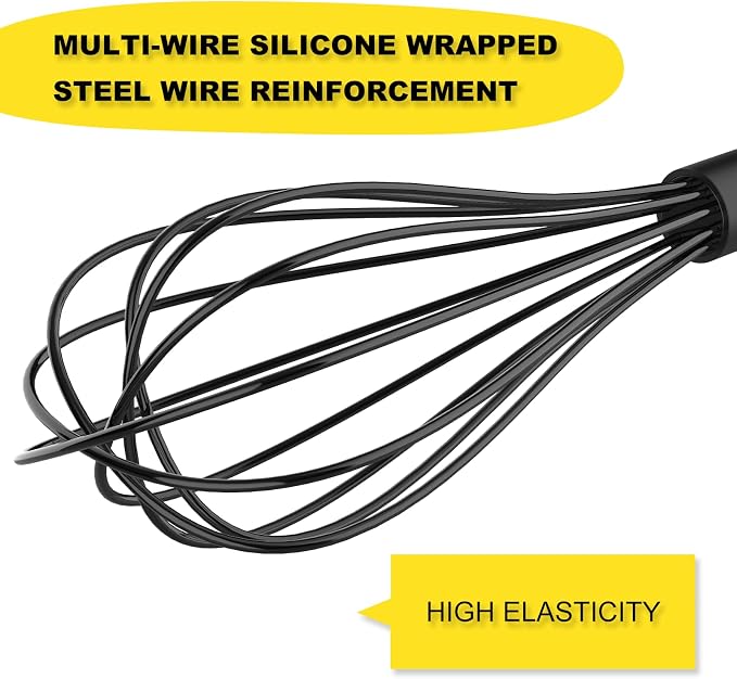NileHome Silicone Whisk Set 8" 10" Kitchen Whisk Kitchen Wisk Wire Whisks for Cooking, Whisking, Blending, Beating, Stirring-Black