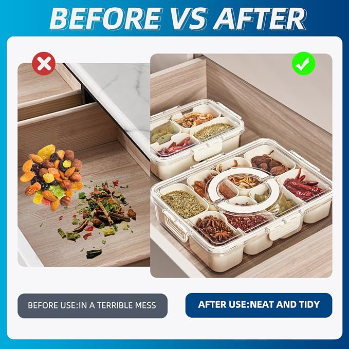 Pure Future Air-Tight Snackle Box Container –Divided Serving Tray with Lid & Handle–Clear Snack box for Fruits, Candy & Nuts–Portable for Travel & Daily Use (8 Inside Containers Dishwasher Safe)