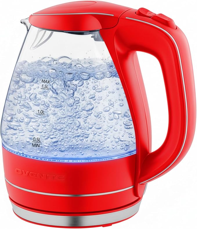 OVENTE 1.5L Glass Electric Kettle Water Boiler, Red KG83R