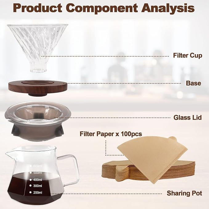 Pour Over Coffee Maker 20.3oz Portable Glass Coffee Maker High Borosilicate Glass Eagle Beak Spout Design with 100 Pcs Filter Paper Walnut Wood Base for Pour Over for Daily Brewing 600ml