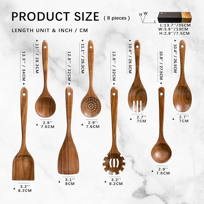 Wooden Spoons for Cooking, 8-Piece Acacia Wood Cooking Utensil Set | Spoons and spatulas stir, mix, flip and serve; balanced handles offer control while staying gentle on nonstick cookware.