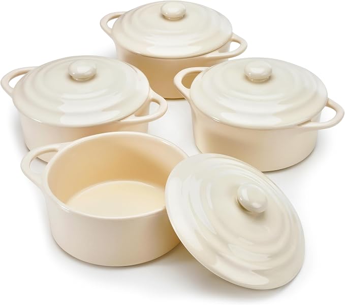 Kook Ceramic Mini Cocotte Set, Small Casserole Dishes with Lids and Handles, Individual Baking Ramekins, Oven, Microwave & Dishwasher Safe, Stoneware, 12 oz, Set of 4, Ivory