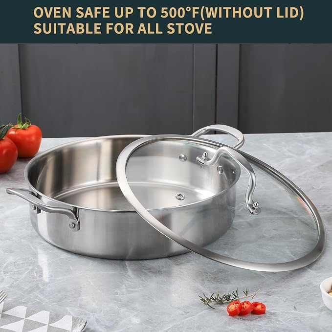 Yeksum Saute Pan with Lids, 3-Ply frying pan with lid large Fry Pan, 7QT Induction Skillet with lids, 12 inch Frying Pan 18/10 Cooking Pan, Silver, Oven & Dishwasher Safe, Works on All Cooktops