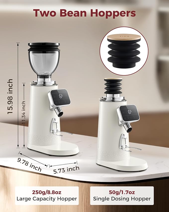 Tuni G3 Commercial 64mm Flat Burr Coffee Grinder, 100 Grind Settings, Ivory | Electric Espresso Grinder with Single Dose, Anti-Static Tech, All-Metal Stainless Steel Body for Drip/Cold Brew/French Press