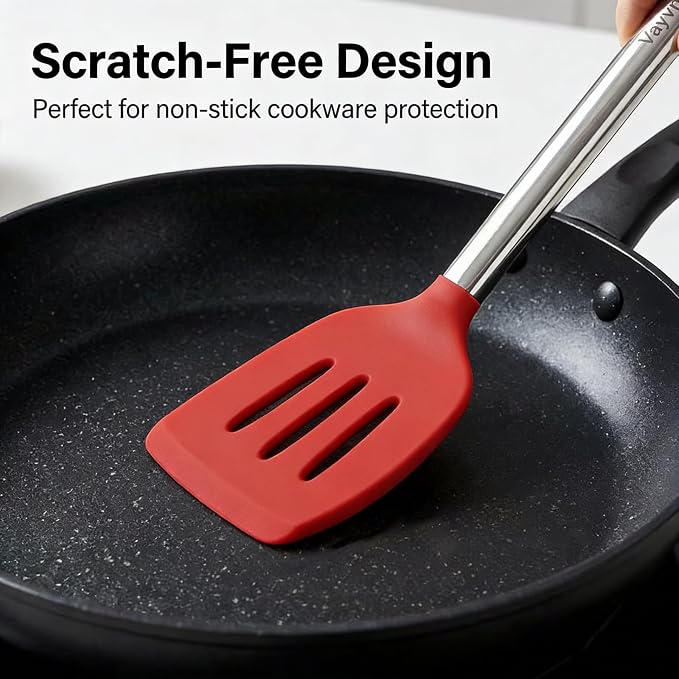Vayvnt 4 Pieces Kitchen Spatula Set, Heat Resistant Silicone Utensils, Red | Large Size Kitchen Tools, For Nonstick Cookware, Spoons and Turners, Stainless Steel Handle, Easy Cleaning, Dishwasher Safe