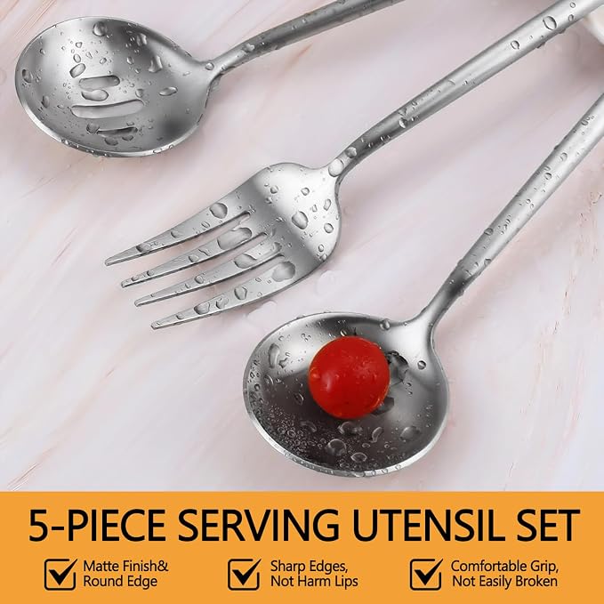 Silver Serving Utensils Set,5pc Stainless Steel Serving Spoons | 10.3’’ serving spoon,utensils set for parties,buffet serving utensils,for party banquet,heavy duty flatware,dishwasher safe