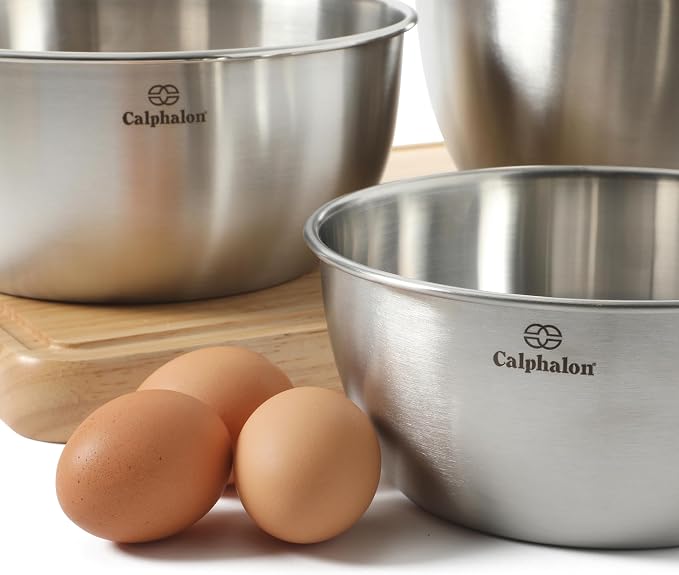 Calphalon Astro Mixing Bowls, 3-Piece Stainless Steel Mixing Bowl Set with Matte Finish, Nesting Metal Mixing Bowls for Kitchen, Baking and Prep, Silver
