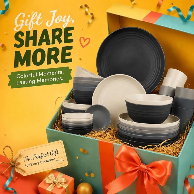 Kitchen Plates and Bowls Sets 40PCS,Wheat Straw Dinnerware Sets for 8 | Unbreakable Plates Bowls and Cups Set, Side Dishes, Microwave & Dishwasher Safe Dishware Sets, RV dishes Set, Black & Gray