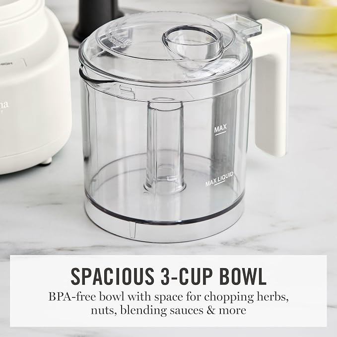 Martha Stewart 3 Cup Electric Vegetable Chopper, Mini Food Processor, Linen | 24oz BPA-Free Bowl, Stainless Steel Blades, Pour Spout, Dice, Puree, Mince, Chop Vegetables & Herbs, Dishwasher-Safe Parts