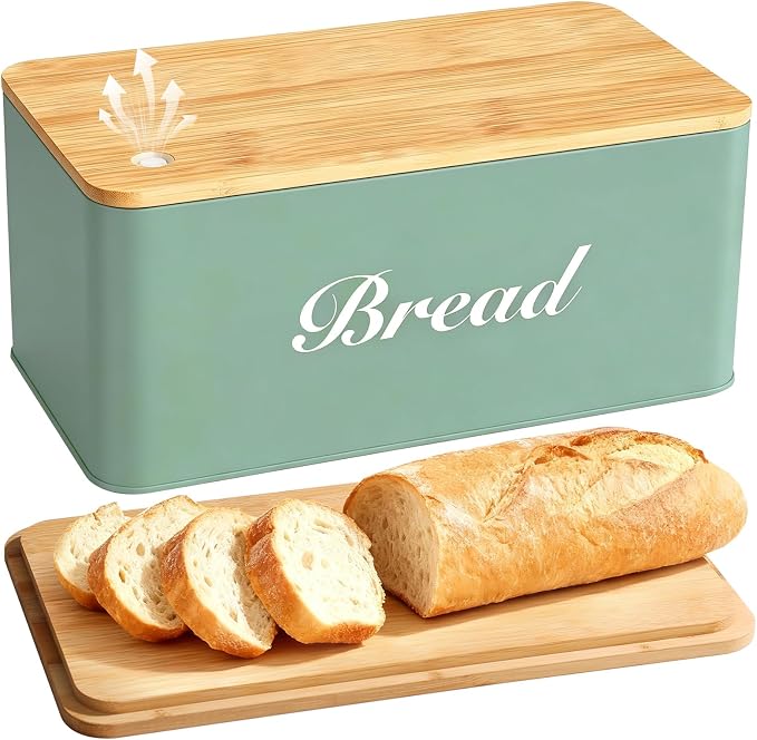RYTOXILO Green Bread Box for Kitchen Countertop, Metal Breadbox with One-Way Degassing Valve Bamboo Lid, Bread Storage Boxes Container for Homemade Bread, Sourdough Food Cutting Board for Counter