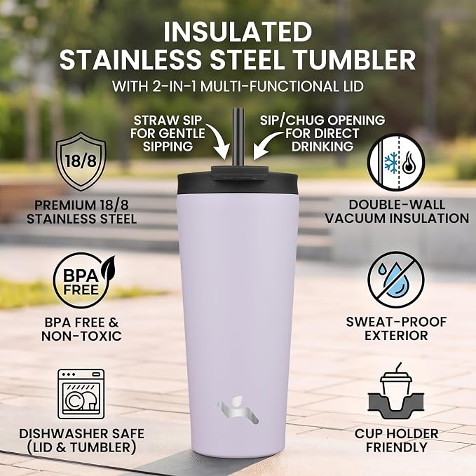 Konokyo 22 oz Insulated Tumbler Water Bottle with Straw Lid, Taro | Stainless steel insulated tumbler for coffee, water and iced drinks; spill-proof lid, 2 straws, cup-holder friendly