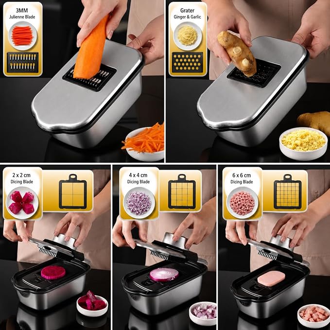 Vegetable Chopper, Stainless Steel Food Dicer and Mandoline Slicer with Drain Holes and Storage Container, Dishwasher Safe Food Chopper for Onion, Potato, Cucumber, Carrot and More