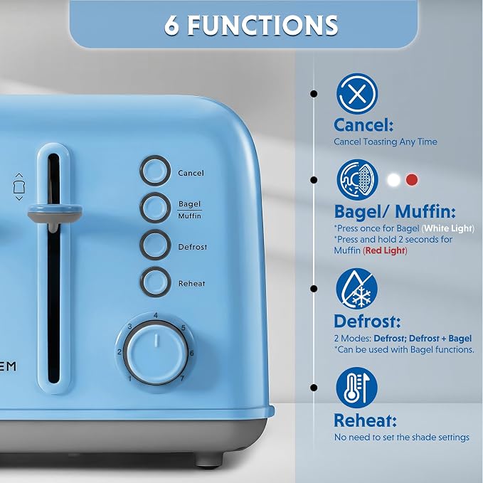 BUYDEEM DT640 4-Slice Toaster, 7 Shade Settings, Extra Wide 1.5’’ Slots for Bagel & English Muffin, 6 Toasting Functions, Retro Stainless Steel Toaster with High Lift Lever, 1800W, Blue