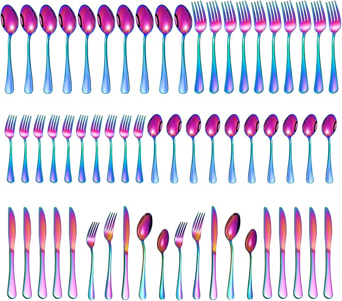 60 Pieces Rainbow Silverware set for 12, Compralo Colorful Stainless Steel Flatware Cutlery Set, Kitchen Utensils Set Include Knife Fork Spoon, Tableware Set With Titanium Plated, Dishwasher Safe