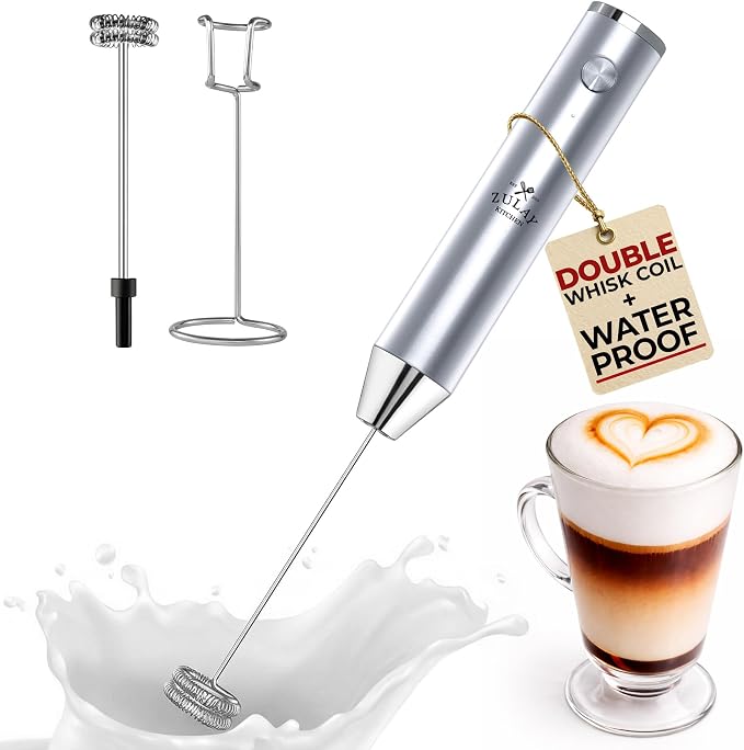 Zulay Kitchen Rechargeable Milk Frother Handheld - Frother Wand, Drink Mixer, Electric Whisk Frother, for Cappuccinos, Matcha & Protein Powder - Lux Double Whisk 2 Speed Waterproof 2000mAh Silver