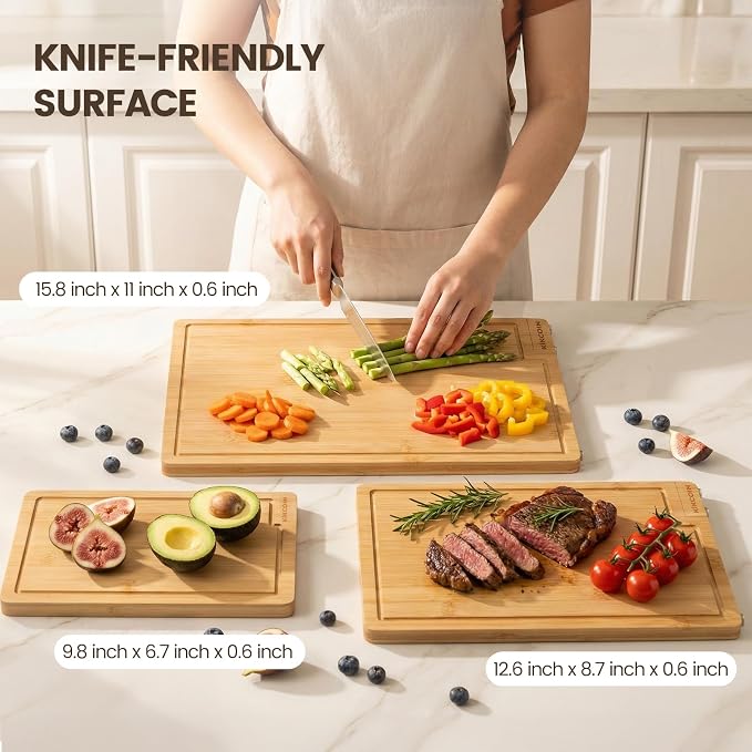 Kikcoin Bamboo Cutting Boards for Kitchen Set of 3, Extra Large Wood Cutting Board with Rotating Kickstand & Juice Groove, Wooden Chopping Board for Meats Veges Fruits, Heavy Duty Serving Tray
