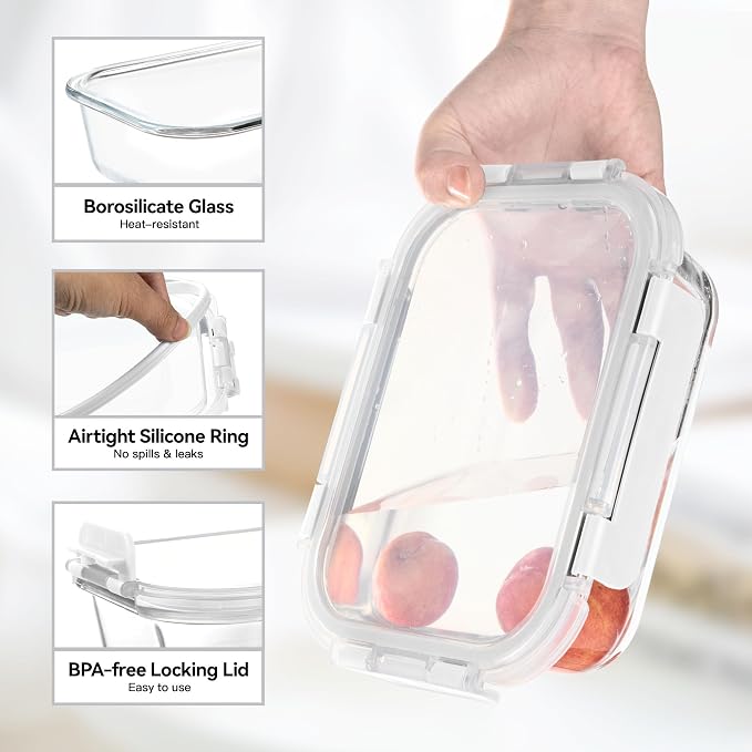 BAYZZ 5 Pack 35 Oz Glass Food Storage Containers with Lids, White | Glass Meal Prep Containers, Lunch Boxes with Airtight BPA-Free Lids, Microwave, Freezer and Dishwasher Safe