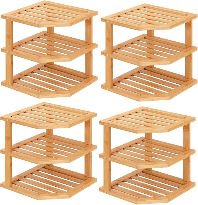 VERTORGAN 3 Tier Bamboo Dish Drying Rack,Corner Shelf 4 Pack(Natural) | Pantry Storage,Dish Rack,Spice Rack,Corner Organizer,Kitchen Counter Shelves,Kitchen Storage,Holds Plates