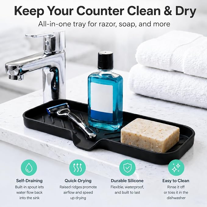 MicoYang Silicone Soap Dish with Drain Spout — Self-Draining Double Sink Organizer Tray for Kitchen & Bathroom, Dispensers, Sponges & Soap Holder, Non-Slip & Dishwasher Safe, Black (Large, 12"×4")