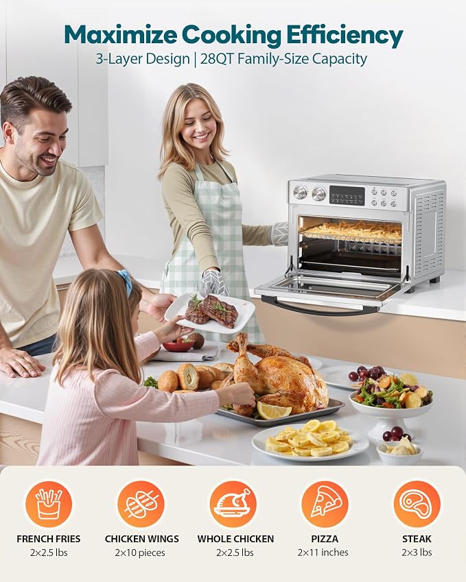 28QT Air Fryer Toaster Oven Combo, Large 12-in-1 Convection Countertop Oven with Next-Gen HeatWave Convection, 3-Layer Cooking, Rotisserie for Chicken, Fits 11" Pizza, All Accessories, Stainless Steel