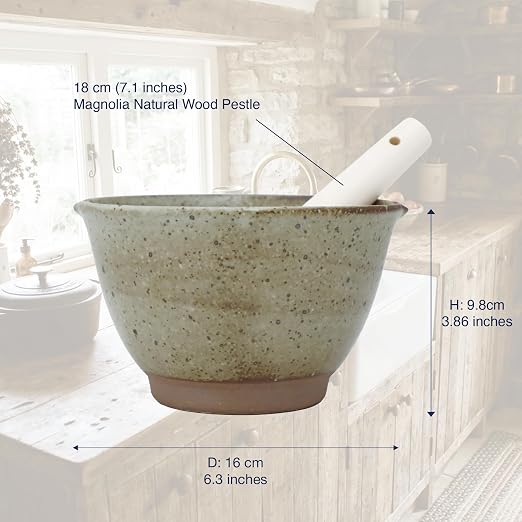 Asayu Japanese Ceramic Grey Mortar Bowl with Wooden Pestle 6.3 in (160 mm), Made in Japan Dishwasher and Microwave Safe Ripple Ridge Suribachi and Sukirogi Set