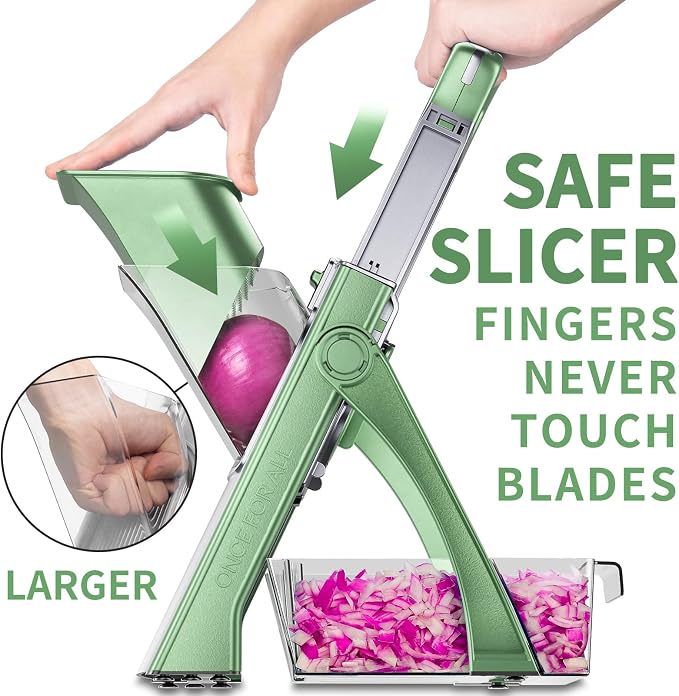 ONCE FOR ALL Safe Mandoline Slicer Plus, Bigger Size, Veggie Slicer, Green | 0.1-8mm Adjustable Vegetable Food Chopper, Kitchen Mandoline Slicer Stainless Steel, Detachable Blade, Dishwasher-safe, Gift