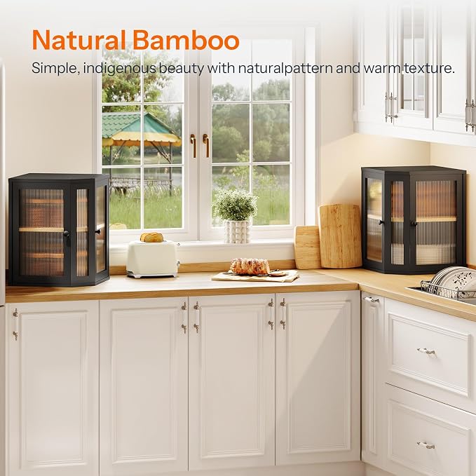 HOOBRO Bread Box, Bamboo Bread Box for Kitchen Countertop, 2-Tier Corner Bread Box, Large Capacity Bread Bin, Food Storage Box, Bread Storage Container for Kitchen, Dining Room, Black BK12MB01