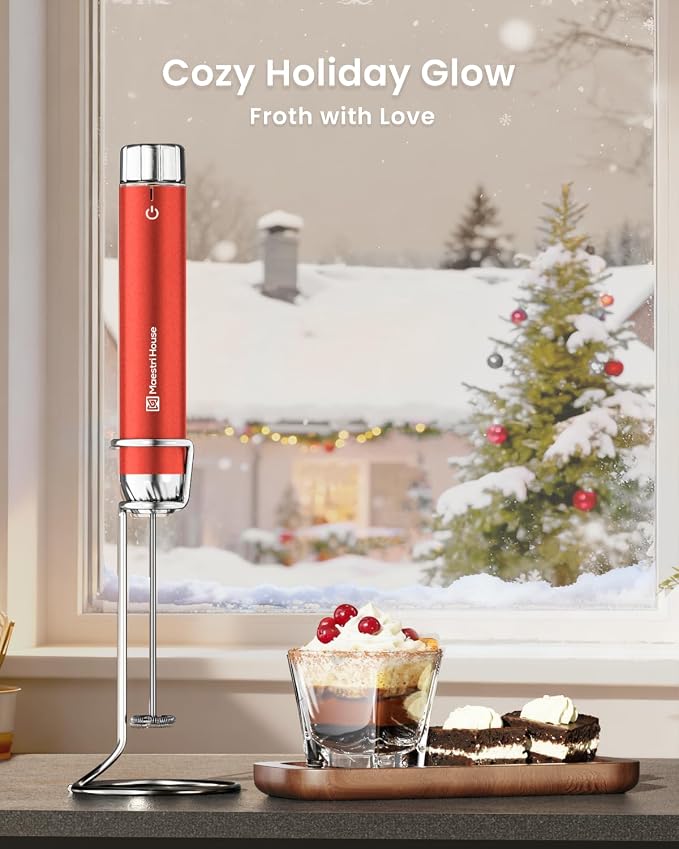 Maestri House LunaFro Max Rechargeable Milk Frother,Stepless Speed Control | 2000mAh lithium battery Frother Handheld, IPX6 Electric Drink Mixer with Stand & 2 Detachable Whisks for Lattes, Cappuccino