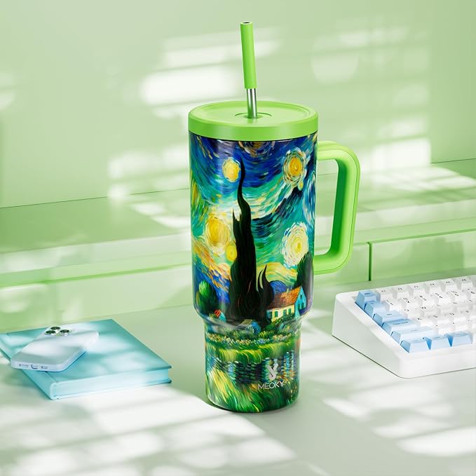 Meoky 40 oz Tumbler with Handle and Straw: Stainless Steel Insulated Tumbler with Lid and Straw - 100% Leak Proof Tumbler for Car Cup Holders - Travelers Commuters Workers, Cottage
