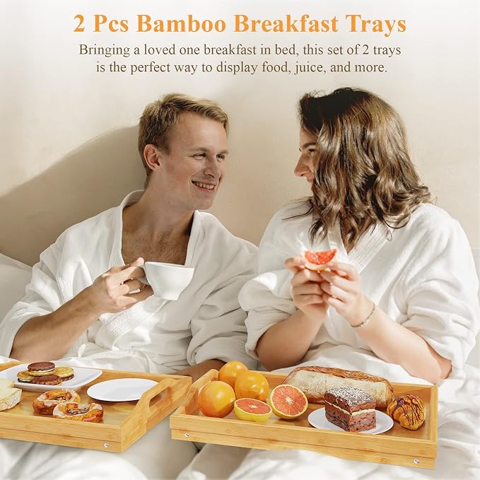 2 Pack Breakfast in Bed Tray for Eating, 16.92 x 12.6 Inch Bed Table Tray with Folding Legs & Handles, Bamboo Food Lap Trays Fits for Adult Kids Eating/TV/Surgery Recovery by Easoger. Set of 2