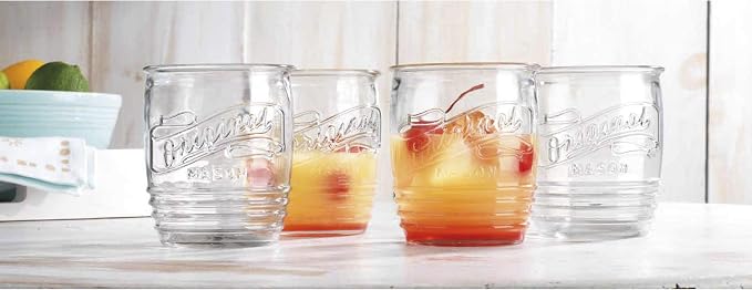 Glaver's Drinking Glasses Set of 4 Original Mason Whiskey 13 Oz Genuine Artisan-Made Vintage Italian Tumbler Glassware Set for Refreshing Drinks, Beverages, Iced Tea
