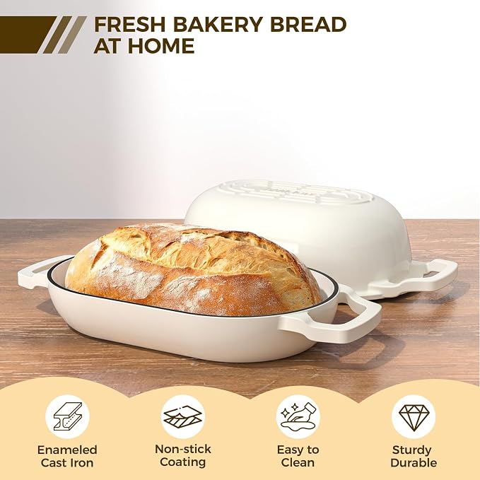 Wildone Enameled Cast Iron Dutch Oven Pot with Lid, Oval Bread Oven | Loaf Cast Iron Bread Pan for Homemade Bread Baking, Meatloaf Pan with Lid, 5.5QT, Cream White