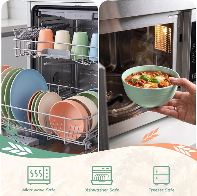 PYRMONT 40 Piece Unbreakable Plate and Bowl Set Wheat Straw Dishes Set for 8-Reusable Plates,Microwave Safe Bowls for Dorm Room,RV Essentials,Dishwasher Safe Kitchen Cups Set-Multilight