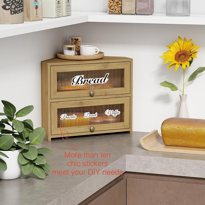Goozii Corner Bread Box for Kitchen Countertop, Double Layer Bamboo Wood Breadbox for Homemade Bread, 2 Door Roll up Large Bread Storage Container Holder Cabinet for Counter top (Natural Color)
