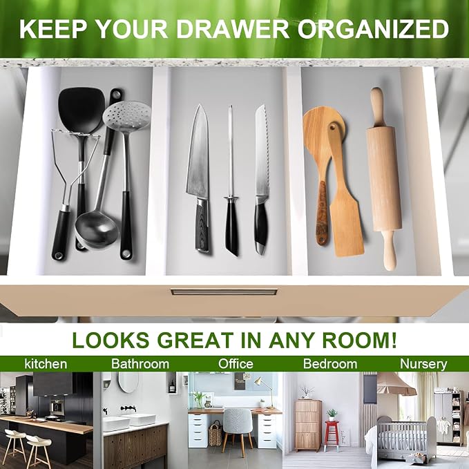Bamboo Drawer Dividers Organizers, Expandable Drawer Separators Splitter,17-22 inches Long Adjustable Spring-loaded Organizer for Large Utensil, Clothes, Tools Drawers (White)