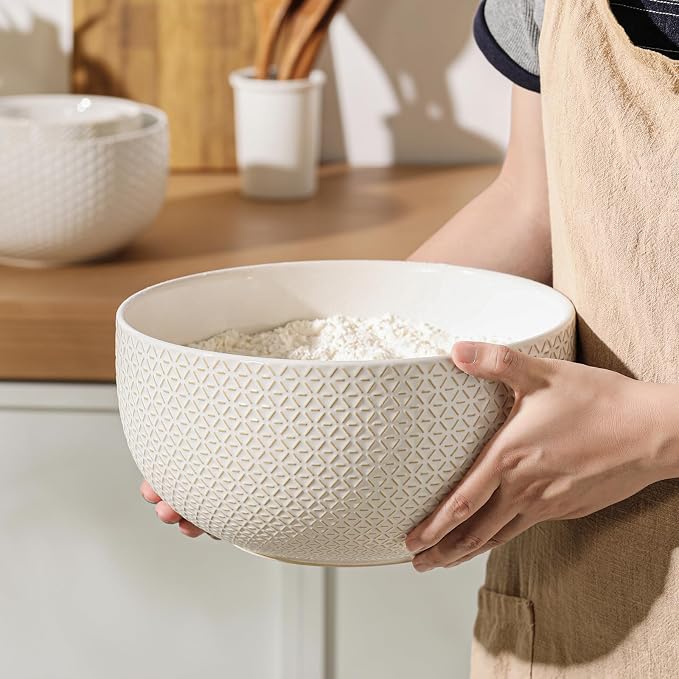 Ceramic Mixing Bowls Set of 4, Nesting Bowls for Kitchen | Large Embossed Serving Bowls for Mixing, Prep, Baking, Salad, Soup & Pasta, Microwave Dishwasher Safe