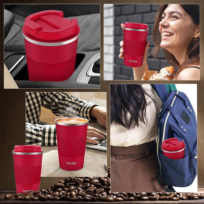 KETIEE Travel Coffee Mug Spill Proof 12oz, Insulated Travel Mug to Go, Reusable Coffee Cup with Seal Lid, Vacuum Stainless Steel Tumbler for Hot/Cold Drinks (Red)