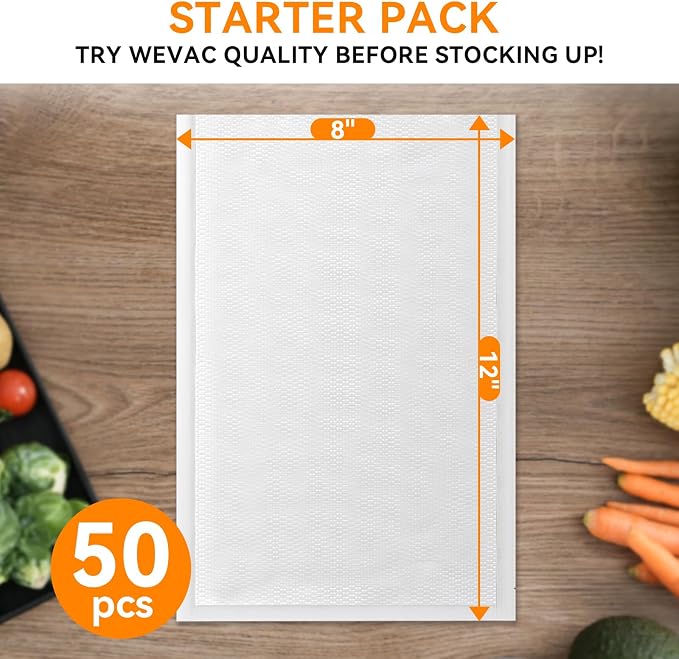 Wevac Quart Vacuum Sealer Bags for Food,8″x 12″50 Count, BPA Free Vac Bag | Commercial Grade Food Saver Bags Quart Size, Puncture-Resistant, Freezer & Sous Vide Safe, Compatible with All Vacuum Sealers
