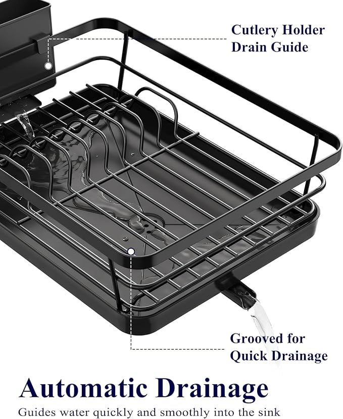 Kitsure Dish Drying Rack for Kitchen Counter, 12''W x 15.5''L, Black | Stainless Steel Sink Organization, Cutlery Holder, Home and Appartment Decor
