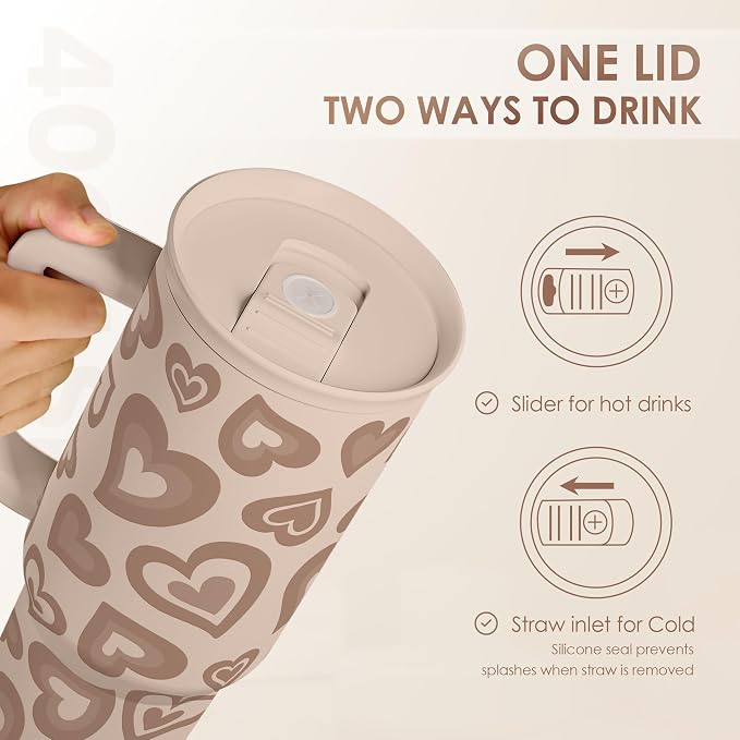 SANDJEST Heart Tumbler with Handle and Straw 40oz – Stainless Sleel Slider Tumbler Travel Coffee Mug for Women - Gift Idea for Birthday Christmas Valentine's Day