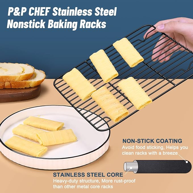 P&P CHEF 9.7" x 7.3" Cooling Baking Wire Racks Pack of 2, Black | Stainless Steel Cooling Racks for Cooking Baking Roasting Grilling Drying, Dense Wires & Smooth Edge, Easy Clean & Rust Proof