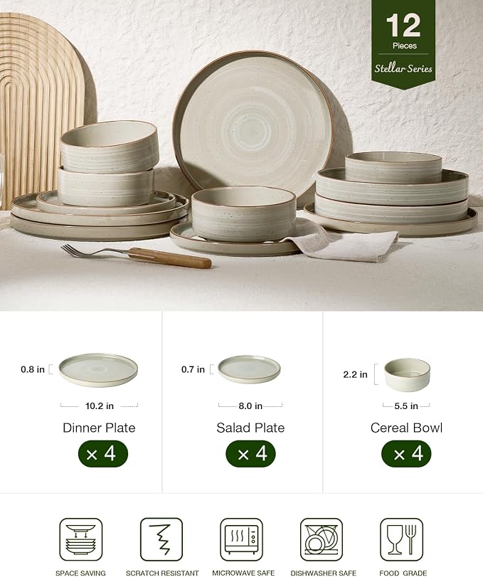 Famiware Stellar 12-Piece Stoneware Dinnerware Set, Matcha Green | Stoneware Plates and Bowls, Handmade Reactive Glaze, Microwave & Dishwasher Safe, Chip & Scratch Resistant