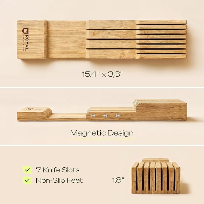 Bamboo In-Drawer Knife Block for 7 Knives – Premium Drawer Knife Organizer Insert, Kitchen Knife Holder for Safe Knife Storage, Compact Kitchen Organization & Drawer Storage