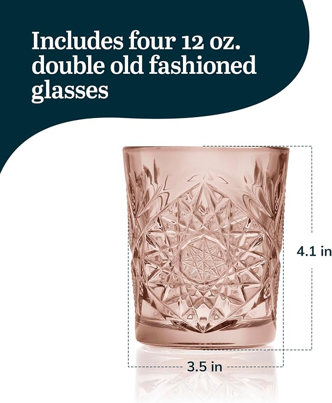 Libbey Hobstar Double Old Fashioned Glasses,Rose Colored Cut Glass Drinking Glasses Set of 4, Durable, Vintage Whiskey Glasses for Cocktail, Drinks