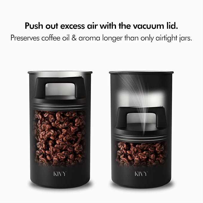 KIVY Vacuum Coffee Canister - Push Lid Preserves Coffee Aroma & Oil | Stainless Steel Airtight Coffee Canister - Container for Ground & Coffee Bean Storage - Storage Jar - Removes Excess Air