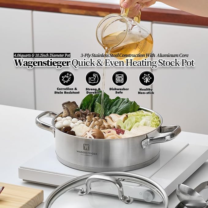 WAGENSTEIGER 4.3 Quart Casserole Pot/Dutch Oven/Saute Pan, 3-Ply Stainless Steel with Aluminum Core, Tempered Glass Lid, Ergonomic Handles, All Cooktops Compatible (9.84" Diameter Casserole)