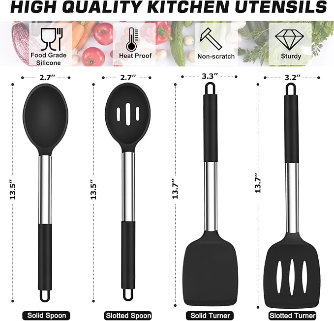 TeamFar Kitchen Utensils, 4 PCS Silicone Cooking Utensils Spatula Spoon Set | with Stainless Steel Handle, for Frying Mixing Draining Turning, Healthy & Heat-proof, Non-stick & Dishwasher Safe - Black