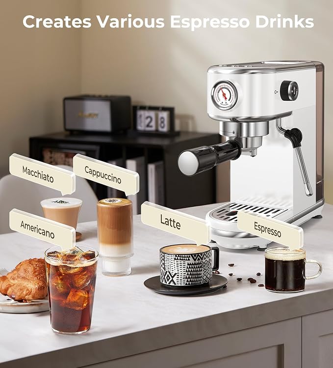 atatix 20 Bar Espresso Machine with Milk Frother, Compact Espresso Maker | Stainless Steel Coffee Machine with Precise Temp Control, 44oz Removable Water Tank for Latte, Cappuccino, White