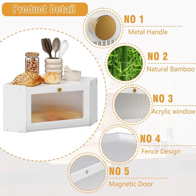 Trironsun Corner Bamboo Bread Box for Kitchen Counter Large Capacity Rustic Bread Storage Container with Wavy Arcylic Transparent Door Vintage Storage for Homemade Bread (White)