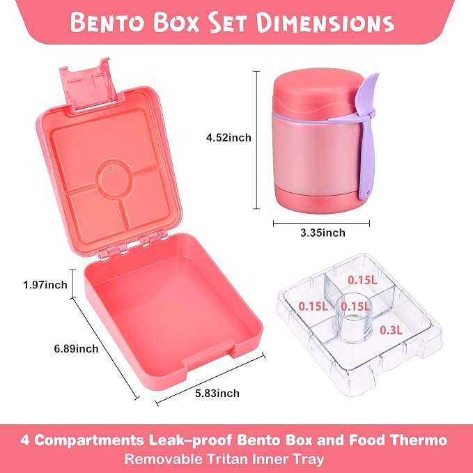 Pawtong Bento Lunch Box Set With 10oz Soup Thermo, Leak-proof Lunch Containers with 4 Compartment, Kids Hot Thermo Food Jar/Insulation Lunch Bag, Food Containers for School（Solid）
